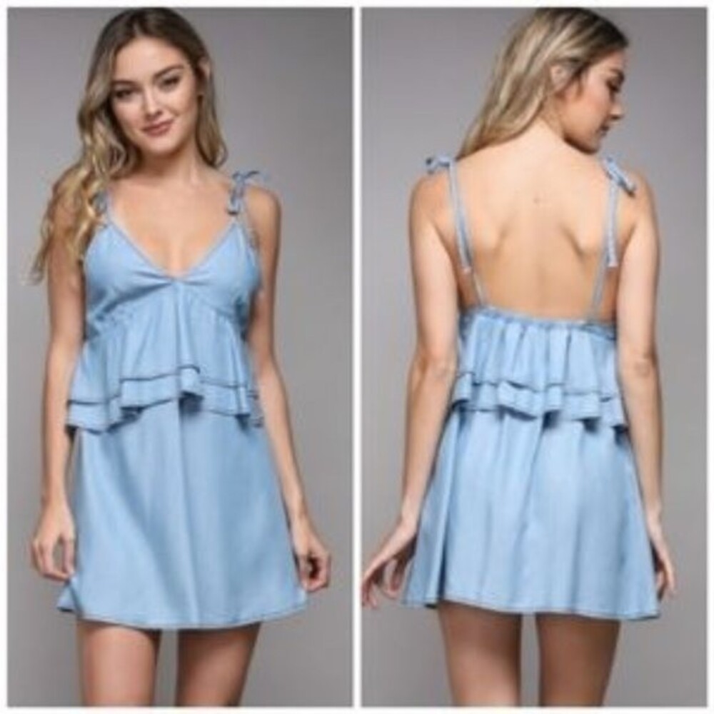 DO+BE Chambray Mini Dress Womens M Blue Tie Strap Ruffle Layered Boho Soft Girl